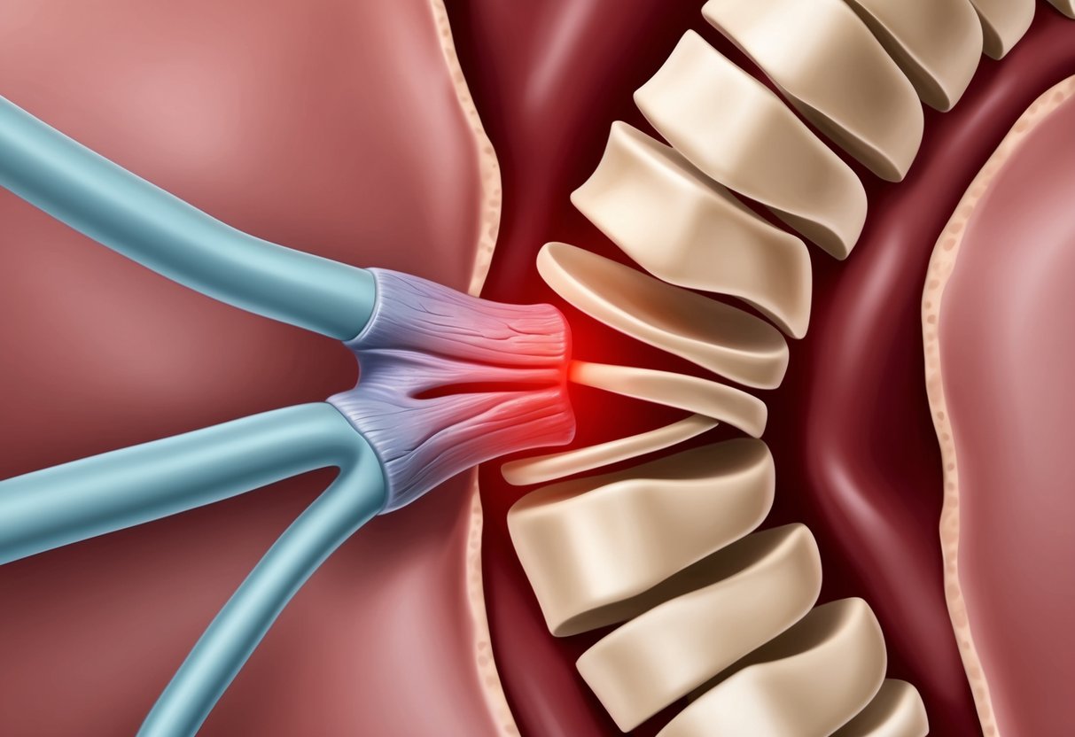 A spinal nerve being compressed in the foraminal canal by surrounding bone or tissue