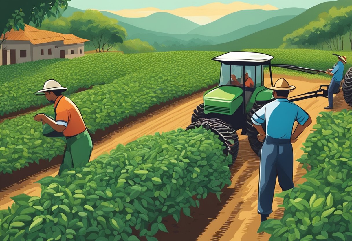 A bustling coffee plantation with workers harvesting beans under the watchful eye of a government regulator, while expensive machinery processes the beans