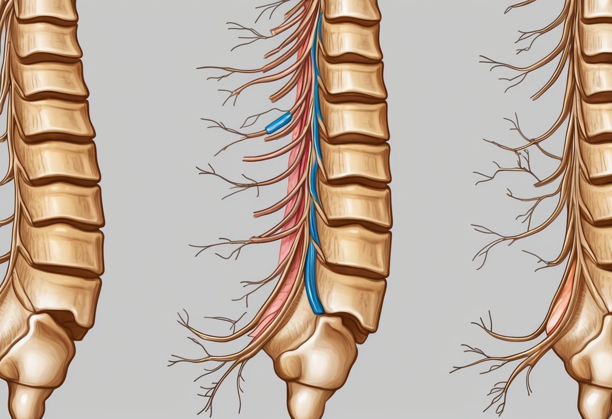 A detailed illustration of the spinal column with a focus on the foraminal canal, showing the narrowing and compression of the nerve roots