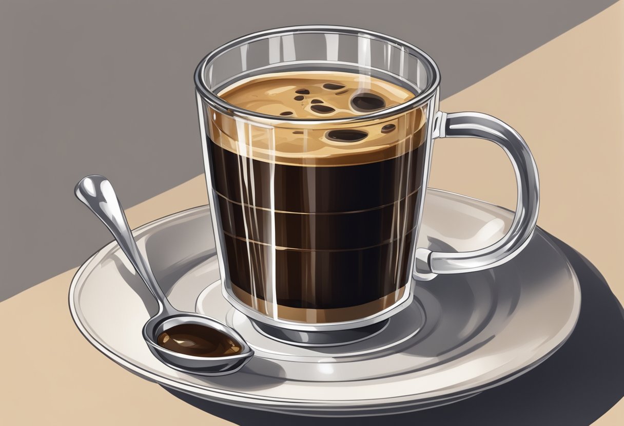 A tall glass of Vietnamese coffee sits on a saucer, steaming with rich, dark liquid. A small metal strainer rests on top, dripping slowly into the glass