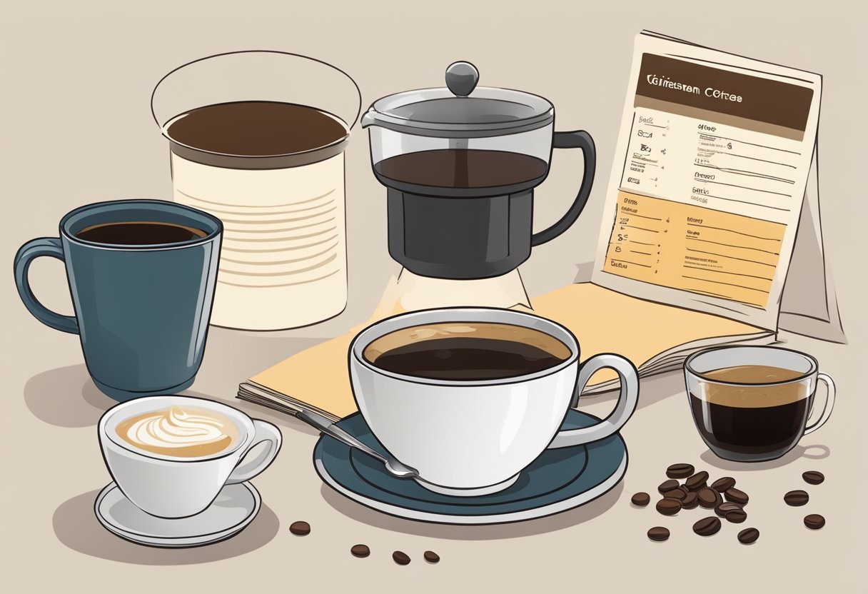 A table set with a phin filter, condensed milk, and coffee grounds. A steaming cup of Vietnamese coffee sits next to a caffeine chart