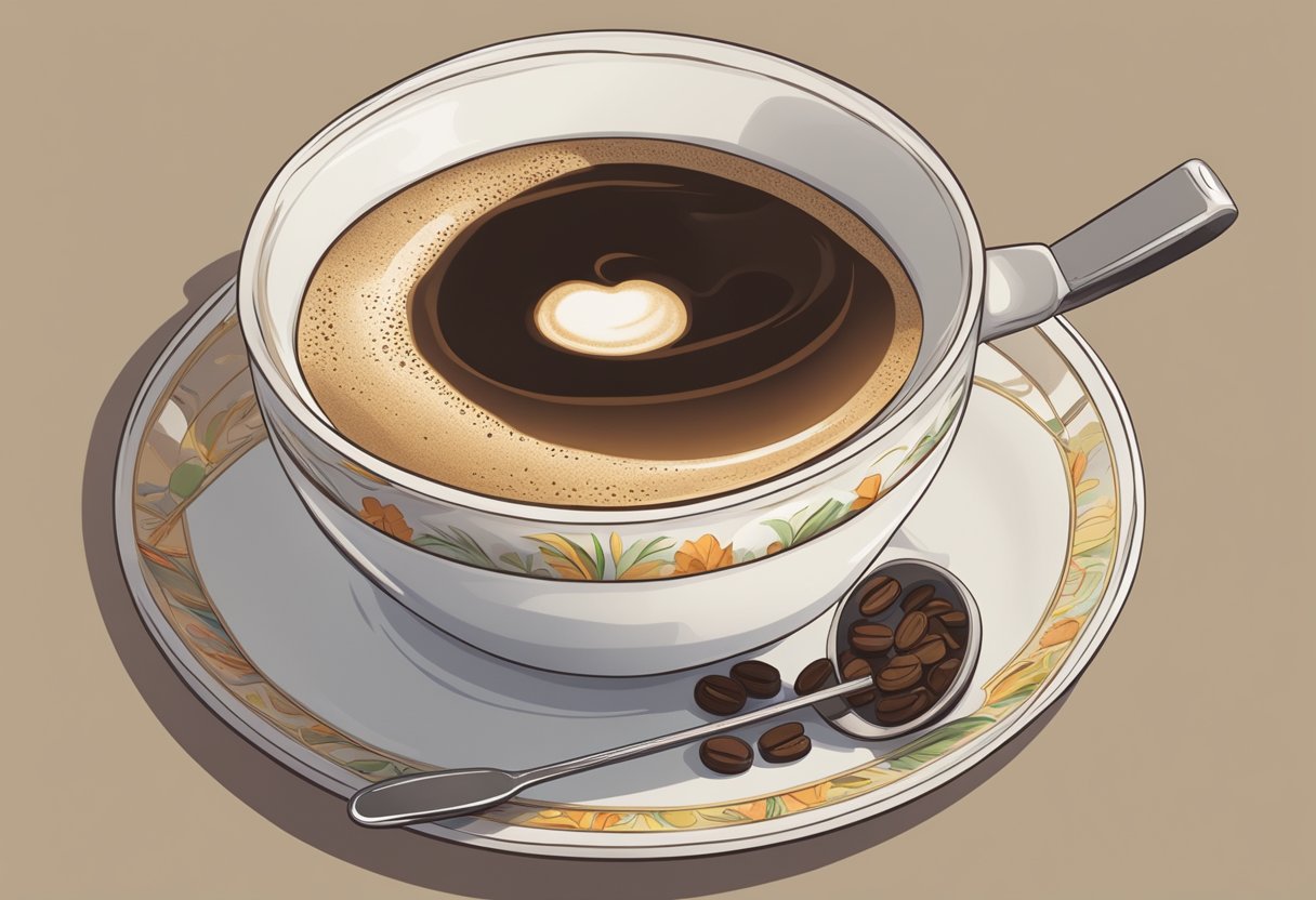 A steaming cup of Vietnamese coffee sits on a saucer, with a digital caffeine meter next to it