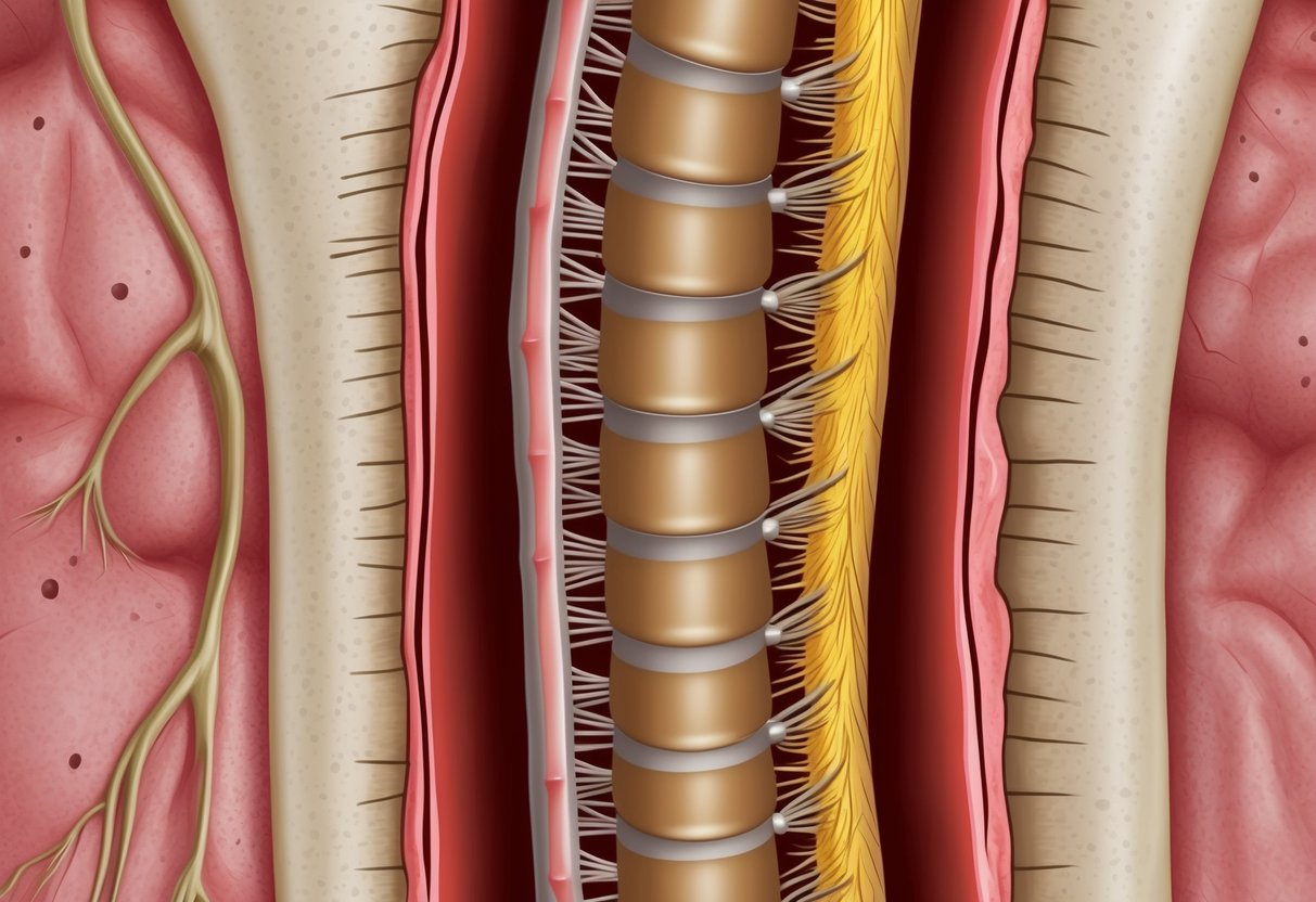 A narrow spinal canal with compressed nerve roots and bone spurs