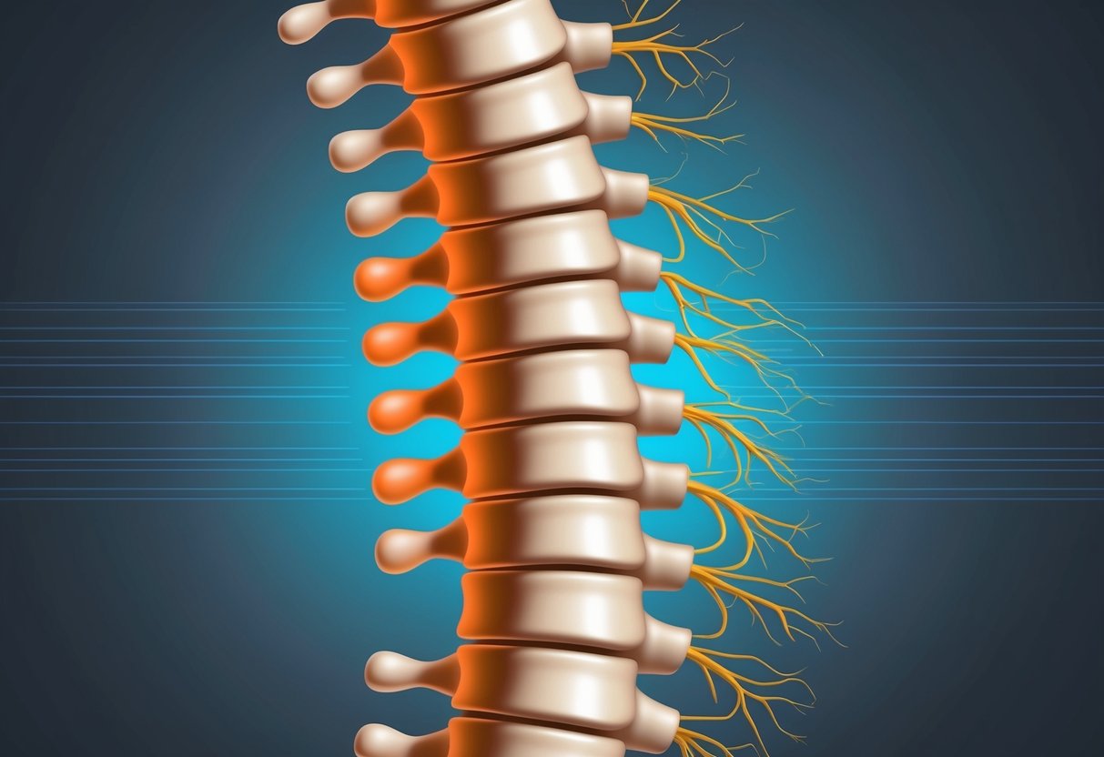 A close-up view of a spinal column with narrowing passageways and compressed nerve roots