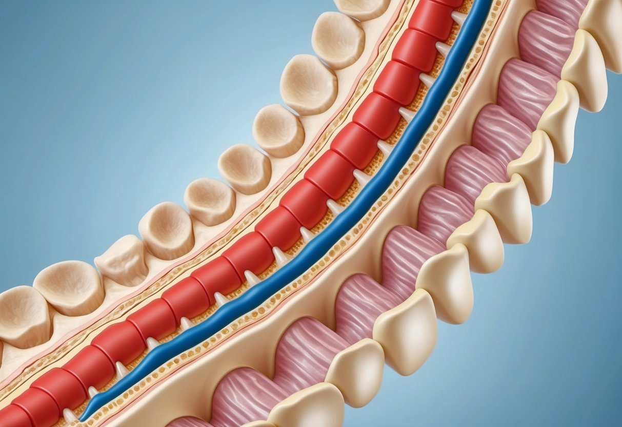 A detailed cross-section of a spinal column with visible foraminal stenosis