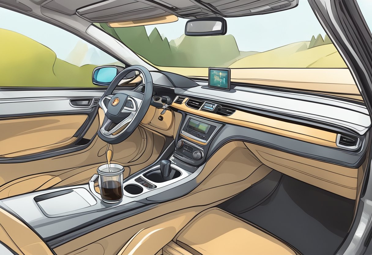 A car interior with open windows, fresh air circulating, and a small bowl of vinegar placed inside to absorb the coffee odor