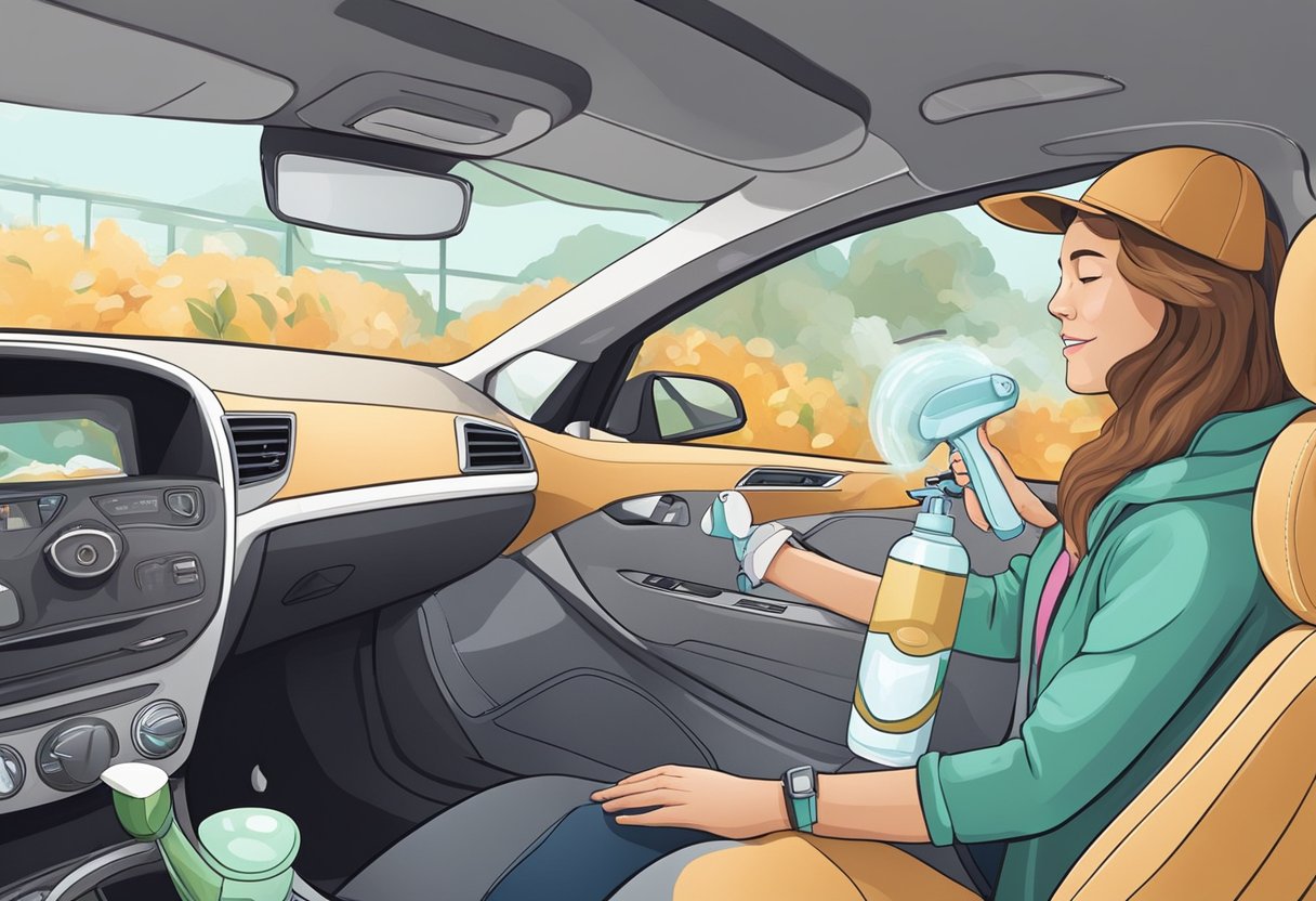 A person spraying a homemade cleaning solution on the interior of a car, focusing on the area where the coffee smell is most prominent