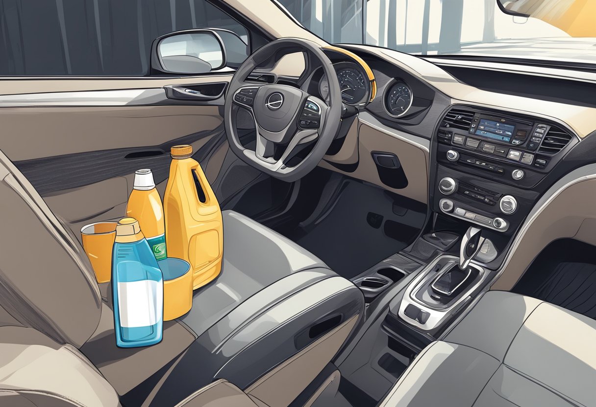 A car interior with spilled coffee, a bottle of odor eliminator, and a fresh, clean scent lingering in the air