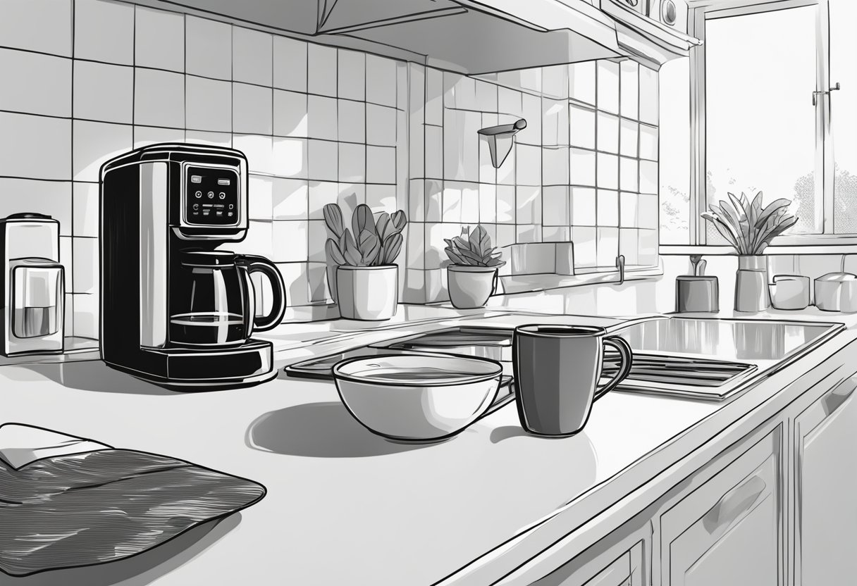 A hand reaches for a jar of instant coffee on a kitchen counter. A small espresso maker sits next to it, ready to be used