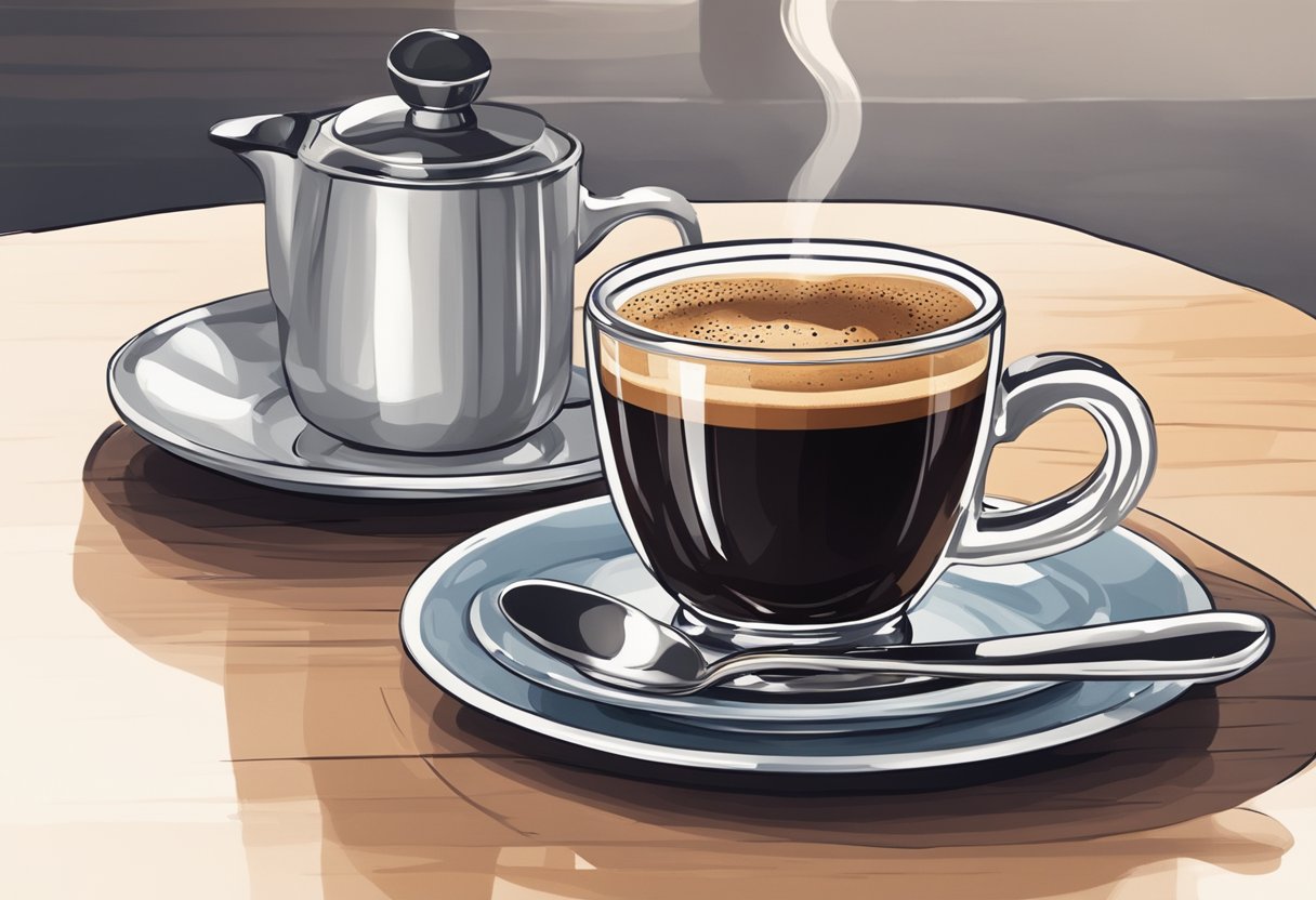 A small espresso cup sits on a saucer, filled with rich, dark liquid. A sleek espresso maker stands nearby, with a spoon and jar of instant coffee beside it