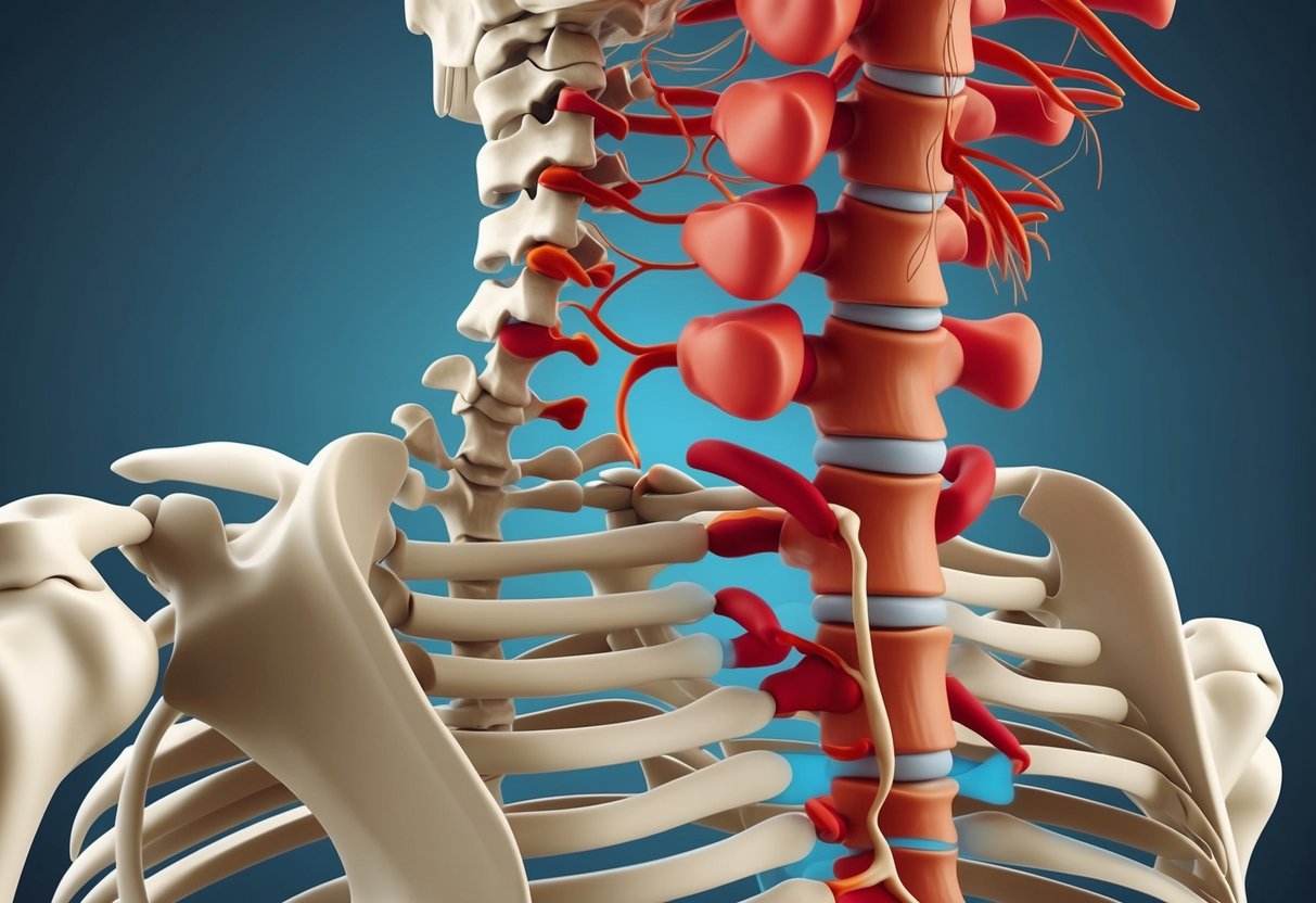 A skeletal spine with inflamed joints and narrowed nerve passageways