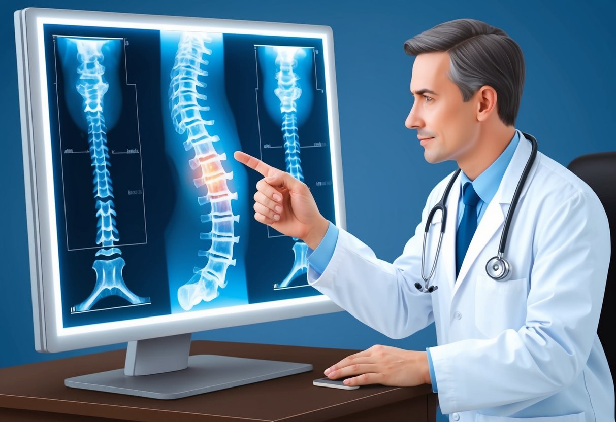 A doctor examining an X-ray of a spinal column, pointing to areas of arthritis and foraminal stenosis