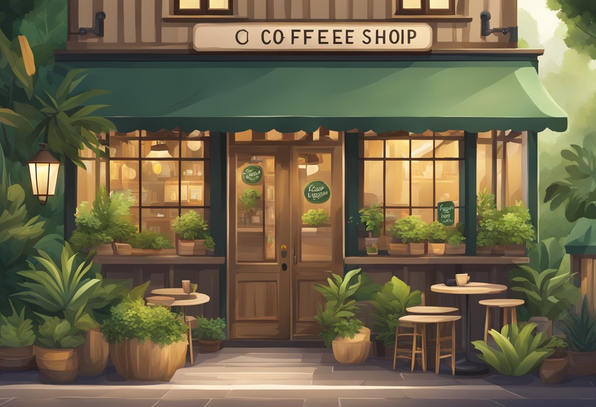 A cozy coffee shop with a rustic sign, surrounded by lush greenery and a warm, inviting atmosphere