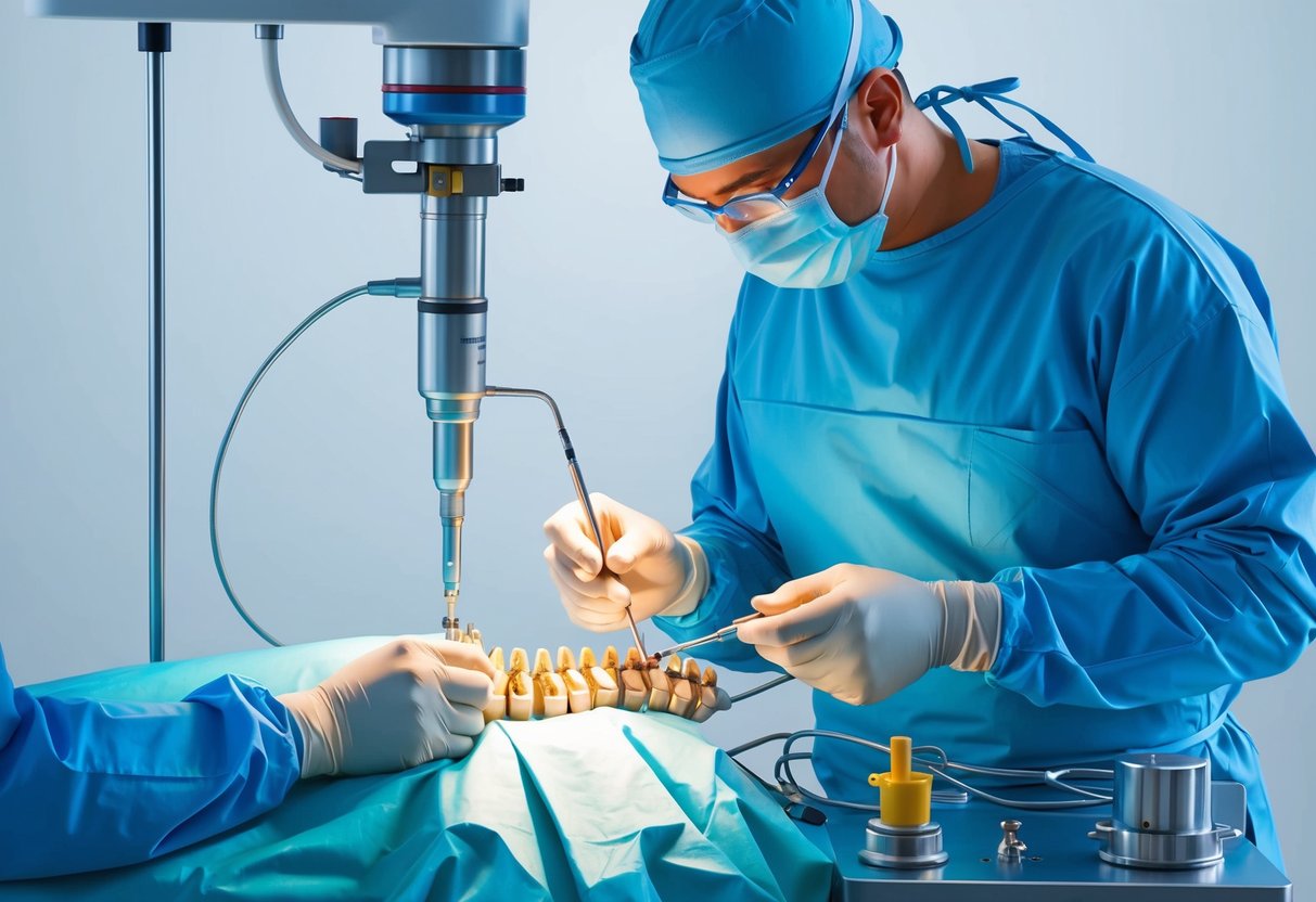 A surgeon performing a minimally invasive procedure to address arthritis and foraminal stenosis in the spine, using specialized tools and equipment