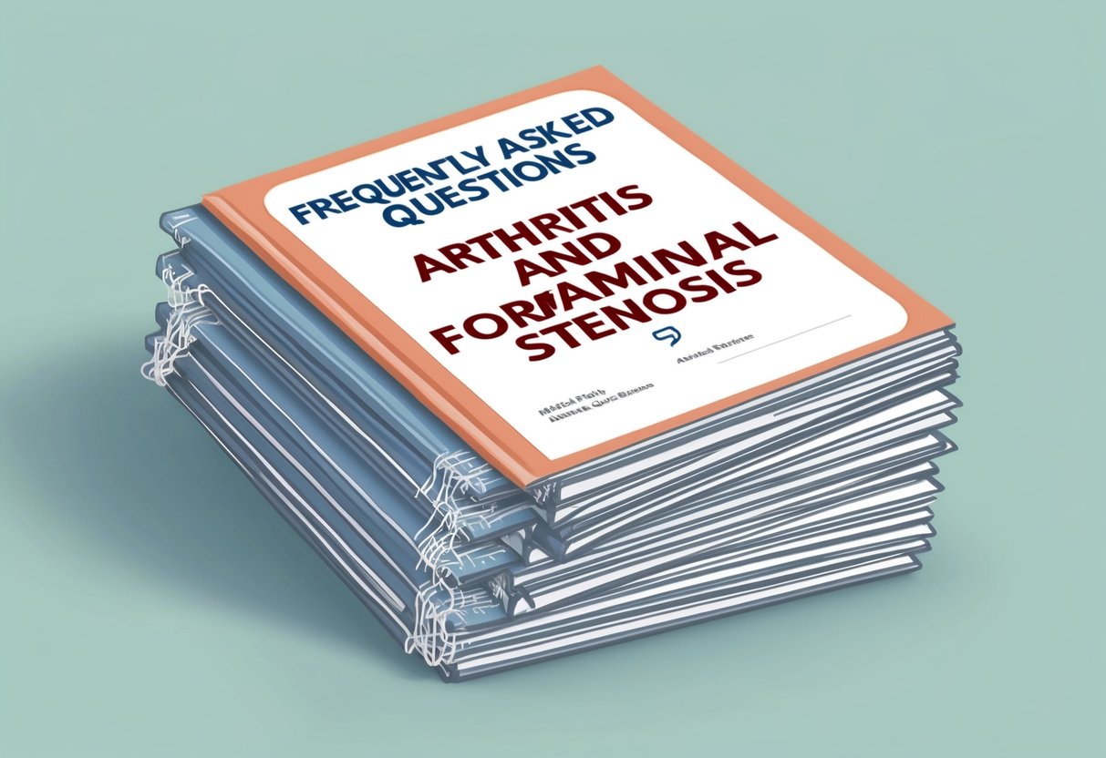 A stack of medical papers with "Frequently Asked Questions Arthritis and Foraminal Stenosis" printed on the cover