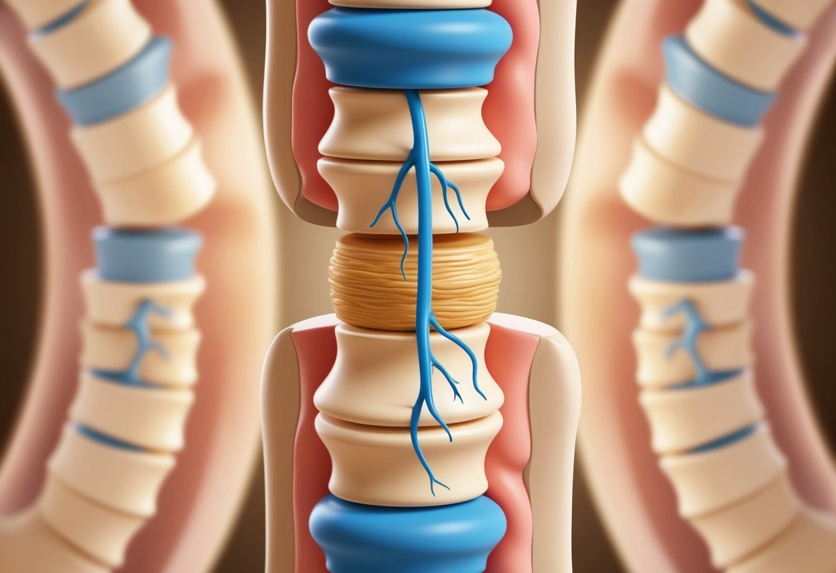 A cross-section of the spinal column showing a herniated disc and the narrowing of the nerve passageway in the vertebrae