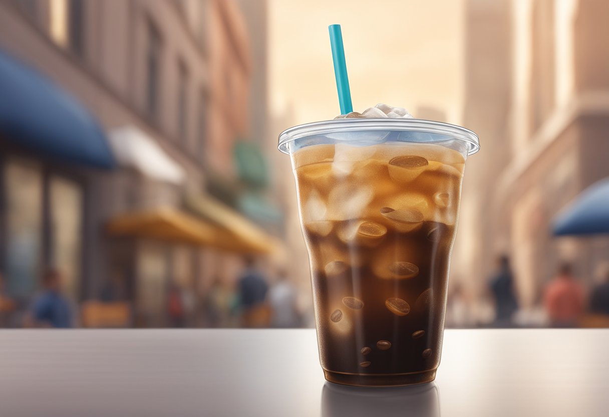 A medium Dunkin' iced coffee sits on a table, condensation forming on the outside of the clear plastic cup