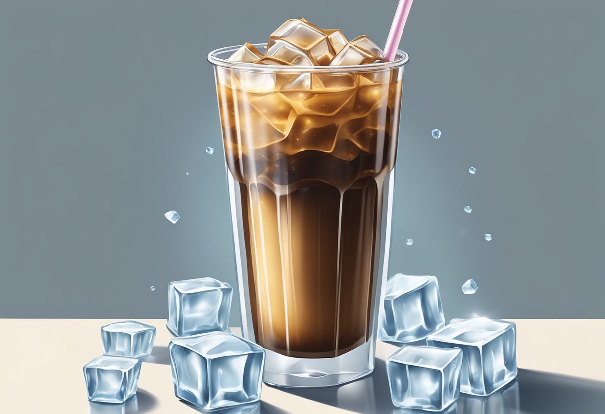 A clear plastic cup filled with medium iced coffee, surrounded by ice cubes and condensation