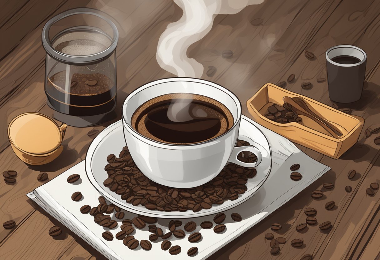 A steaming cup of Vietnamese coffee sits on a rustic wooden table, surrounded by scattered coffee beans and a traditional phin filter