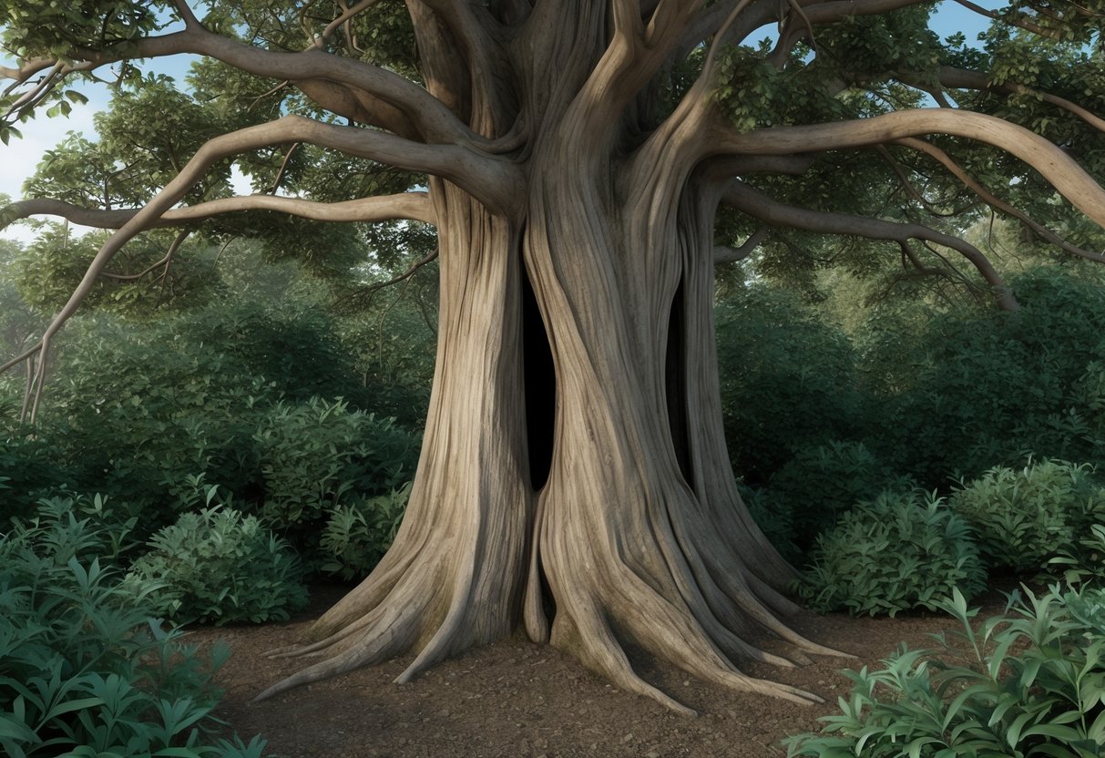 Aging tree with narrow, twisted openings in trunk. Surrounding foliage dense and overgrown