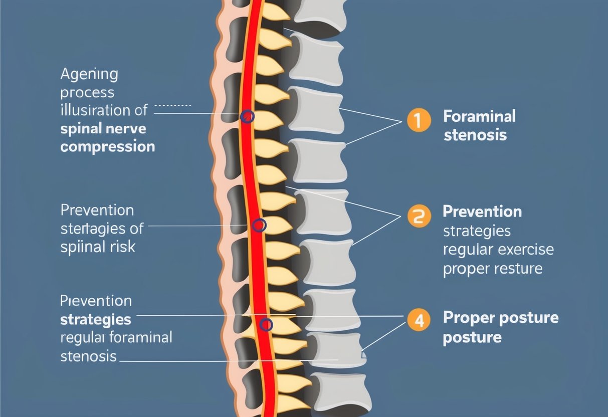 Aging process causing spinal nerve compression, illustrating foraminal stenosis risk. Prevention strategies include regular exercise and proper posture