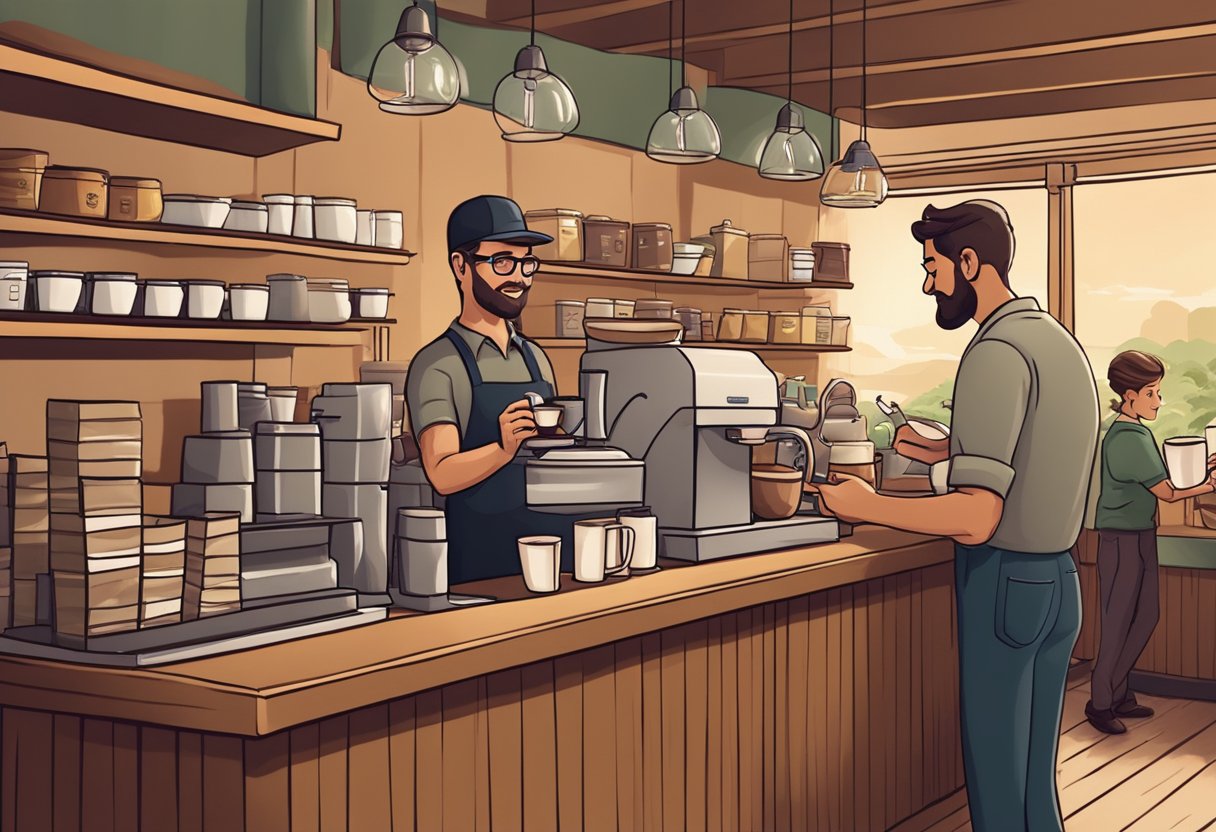 A cozy coffee shop with shelves filled with bags of Citavo Coffee, a friendly barista serving a customer a steaming cup of the popular brew