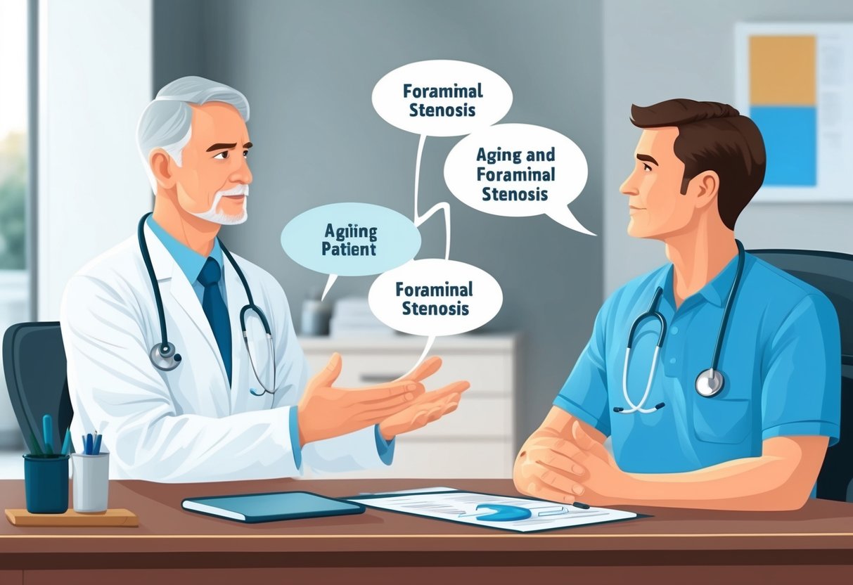 A doctor explaining treatment options for aging and foraminal stenosis to a patient in a medical office