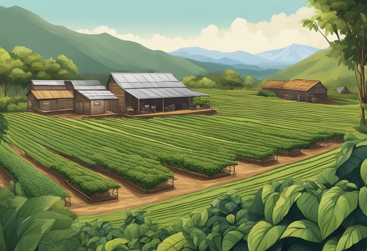 A rustic coffee farm in the highlands, with rows of coffee plants stretching into the distance and a small processing facility in the background