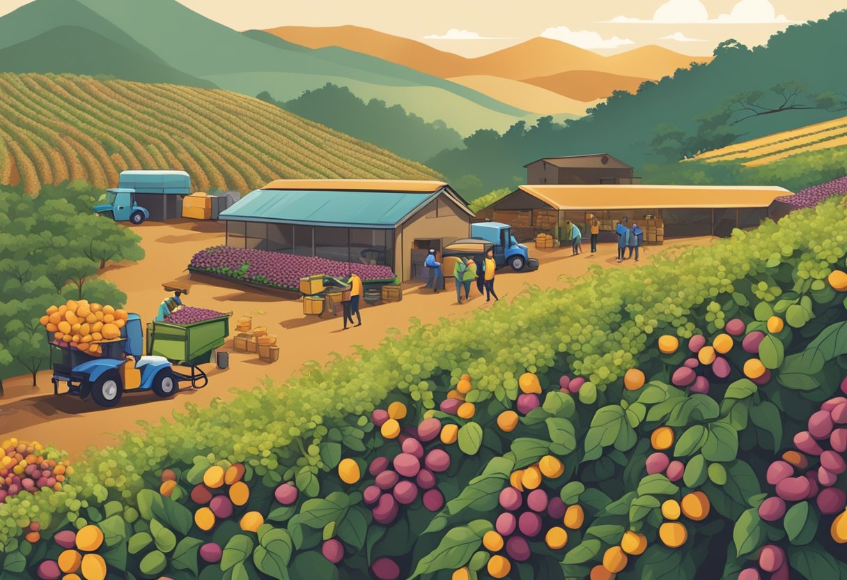 A bustling coffee farm with workers harvesting beans, a roasting facility emitting aromatic smoke, and a packaging area with the Ryze Coffee logo prominently displayed