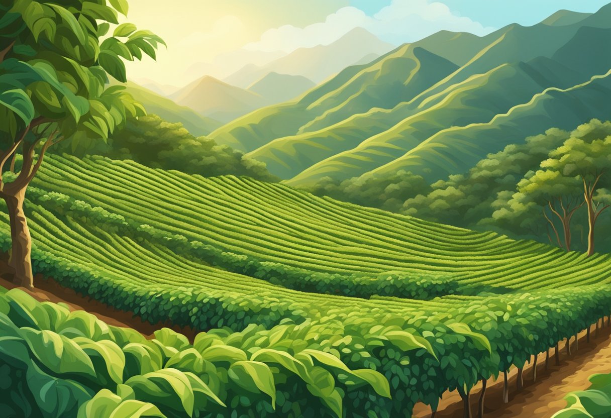 A serene coffee plantation nestled in the lush mountains, with rows of healthy, thriving coffee plants basking in the warm sunlight