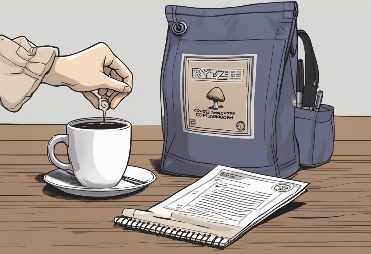 A hand reaching for a bag of Ryze mushroom coffee, with a cancelation form and a pen nearby