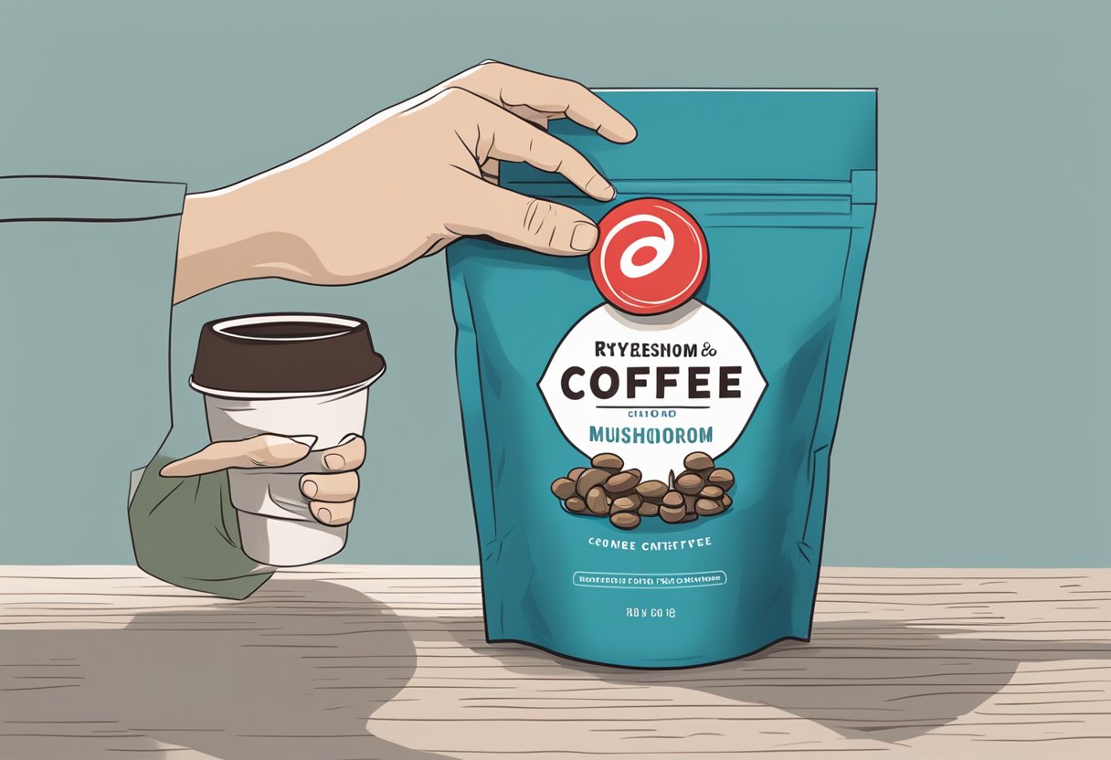 A hand reaching for a bag of Ryze mushroom coffee, with a red "cancel" button next to it, indicating the cancellation process