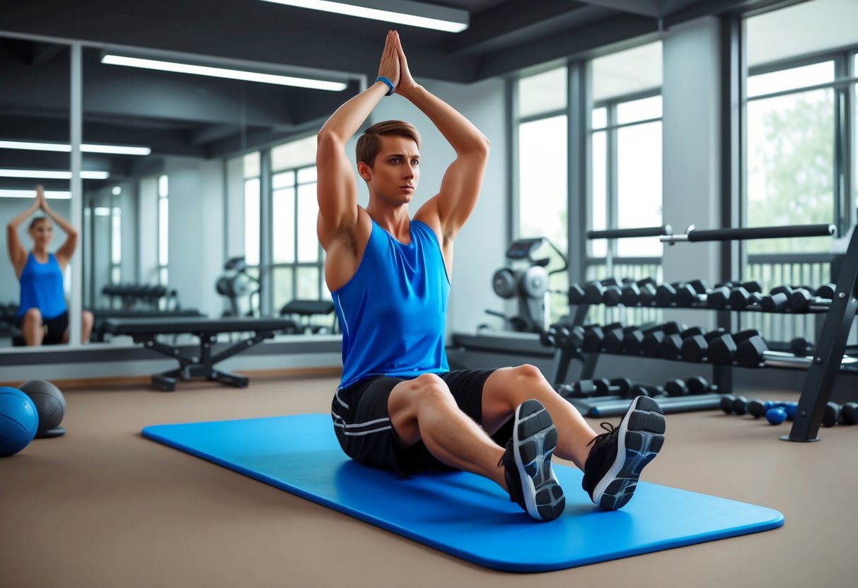 A person performing physical therapy exercises in a gym to treat foraminal stenosis caused by sports injuries