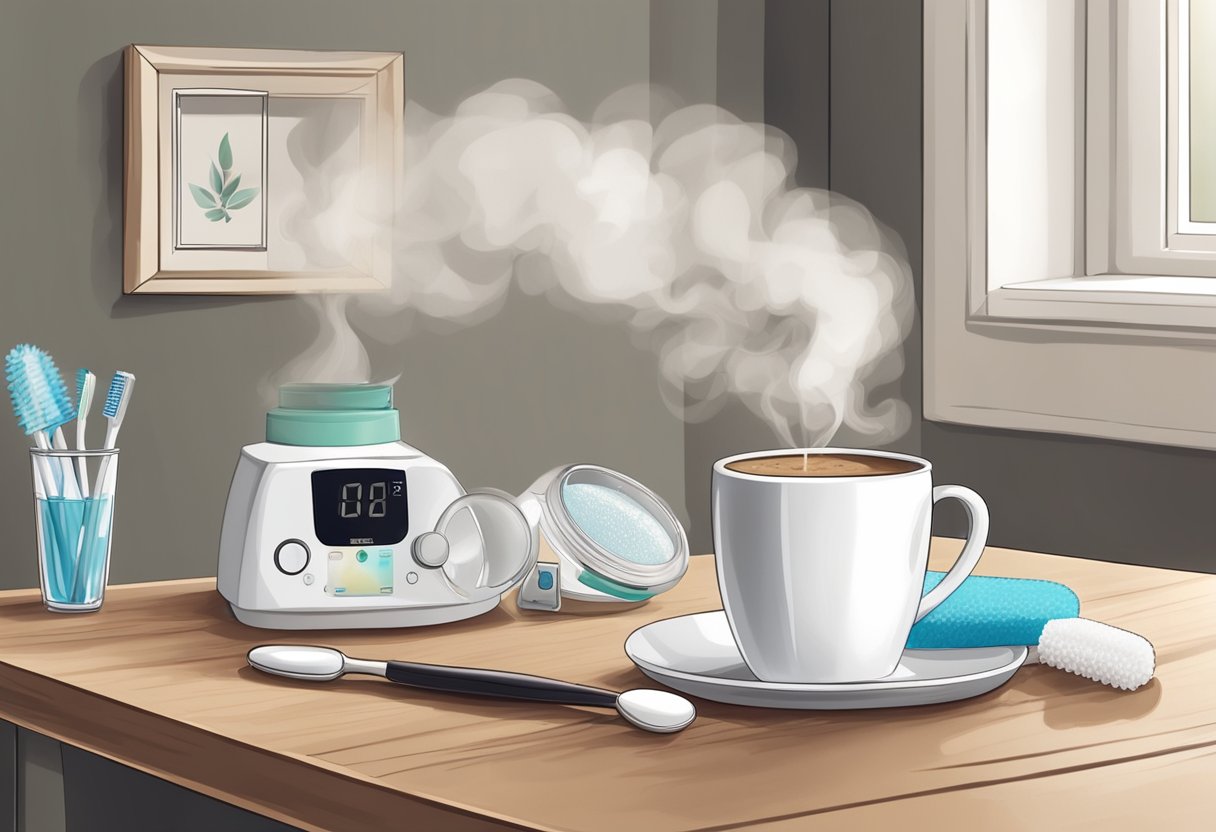 A steaming cup of coffee sits on a table next to a toothbrush and whitening kit. A timer shows the passing of time since the whitening treatment