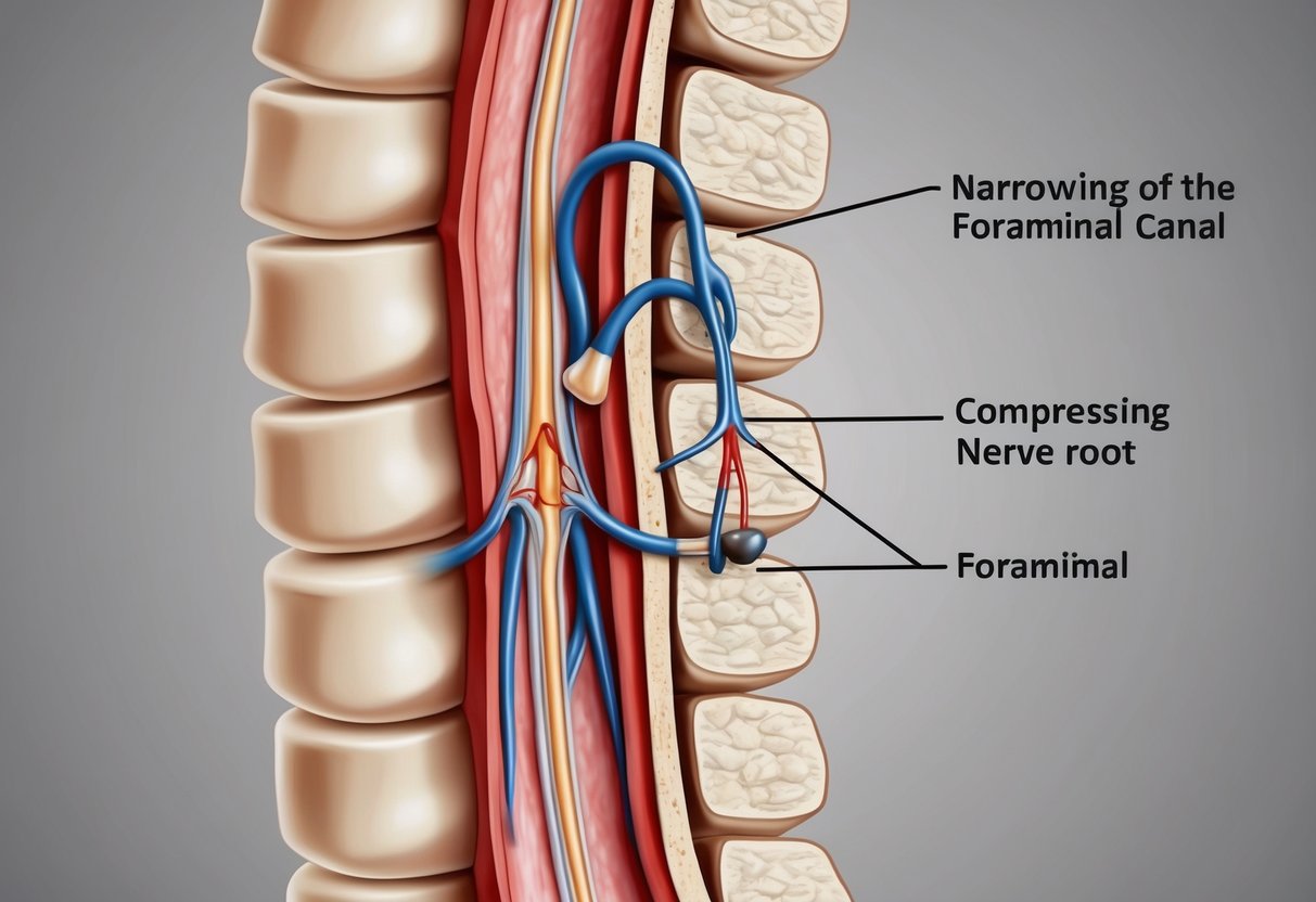 A cross-section of a spinal column with narrowing of the foraminal canal, compressing the exiting nerve root