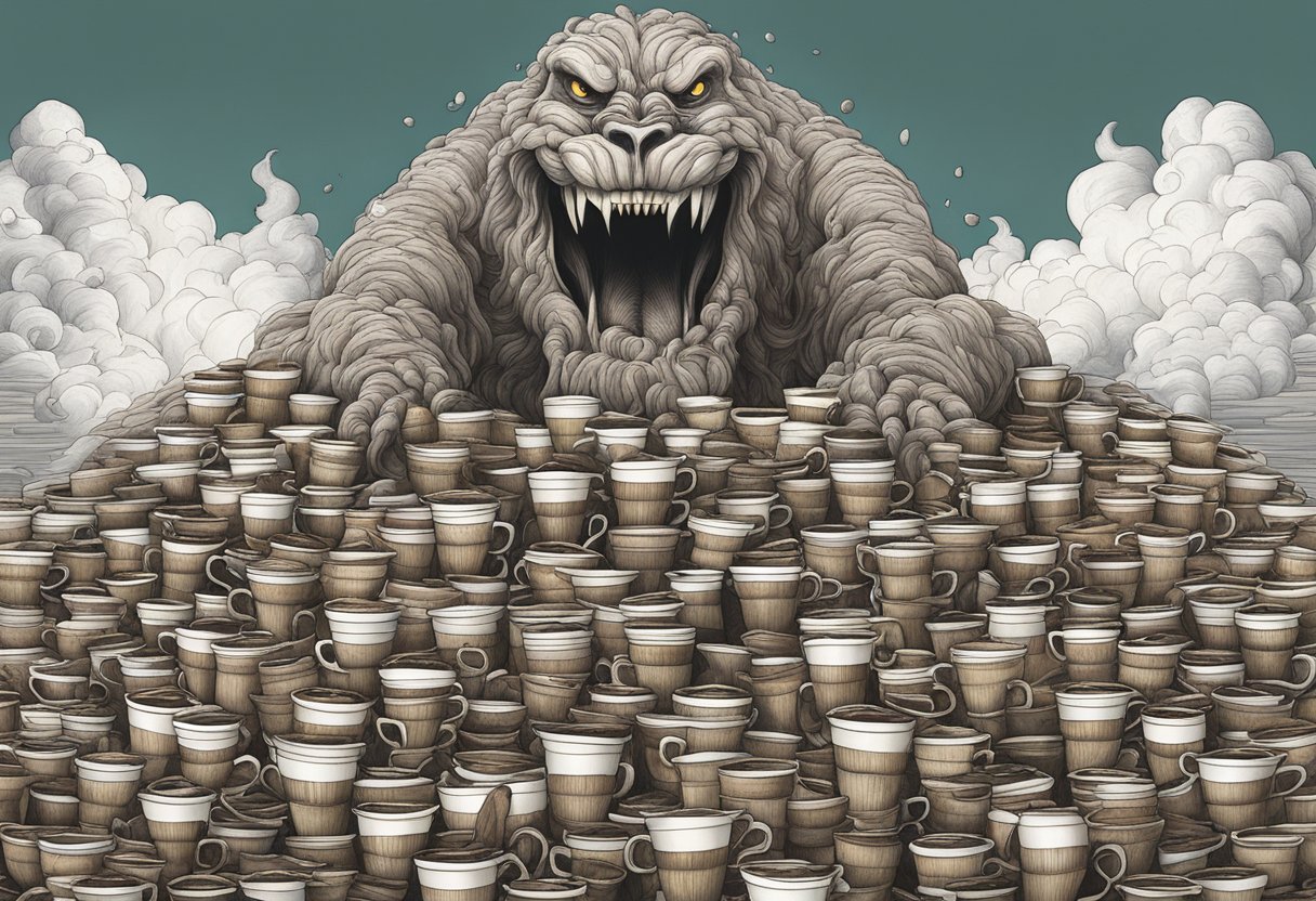 A towering monster made of coffee cups, overflowing with steaming hot liquid