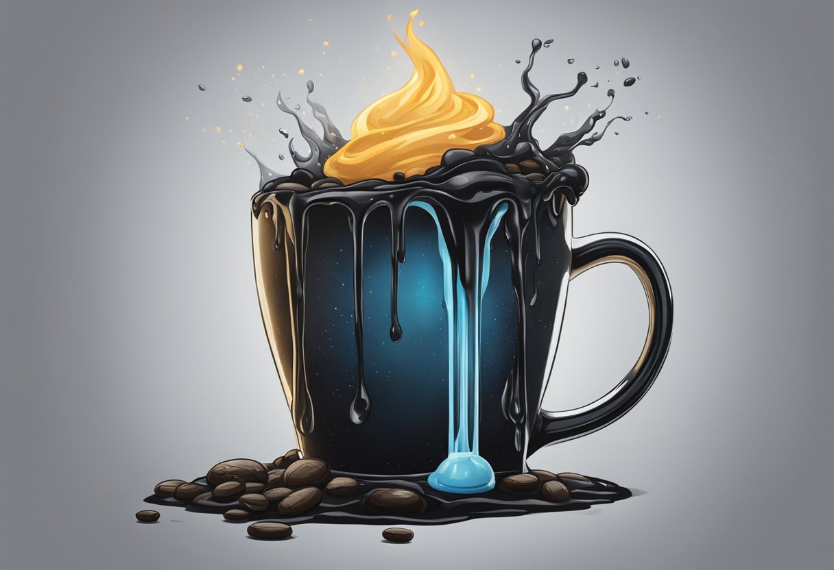 A monster-sized coffee mug overflowing with steaming black liquid