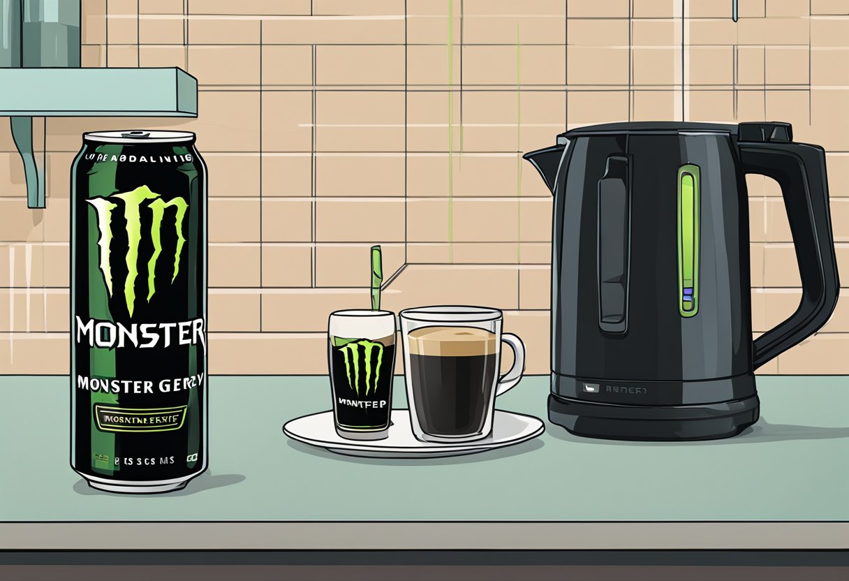 A can of Monster Energy sits on a kitchen counter next to a coffee maker, with a measuring cup filled with coffee