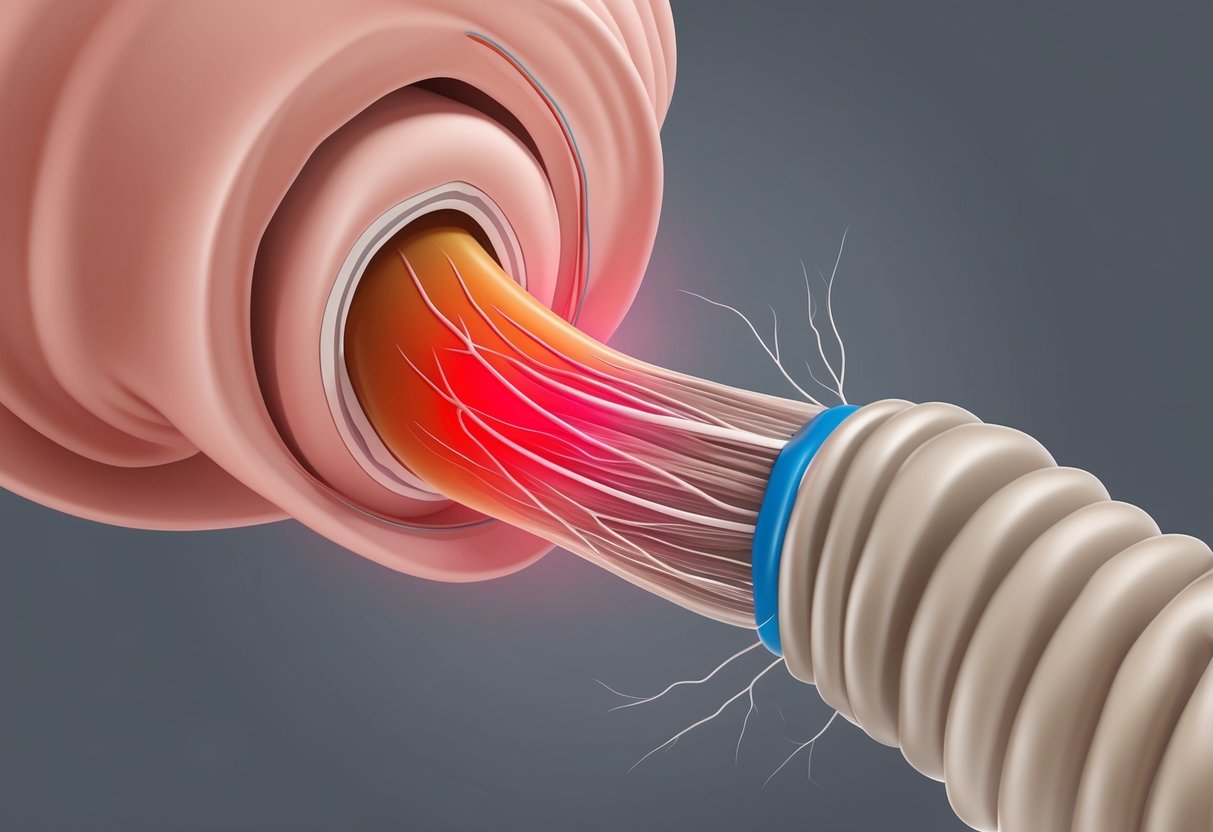 A spinal nerve being compressed by narrowing of the foraminal canal, causing pain and numbness