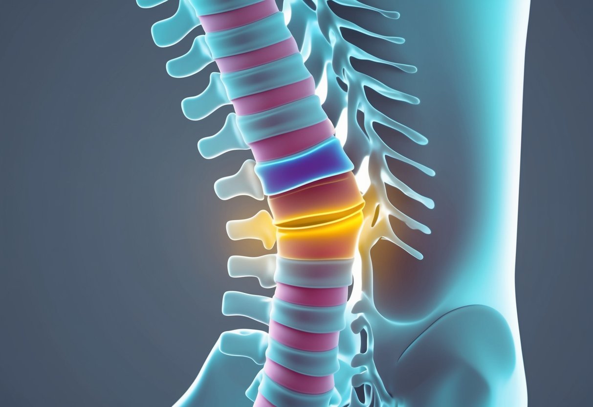 A close-up view of a spinal column with a section showing foraminal stenosis, as seen in an MRI or CT scan