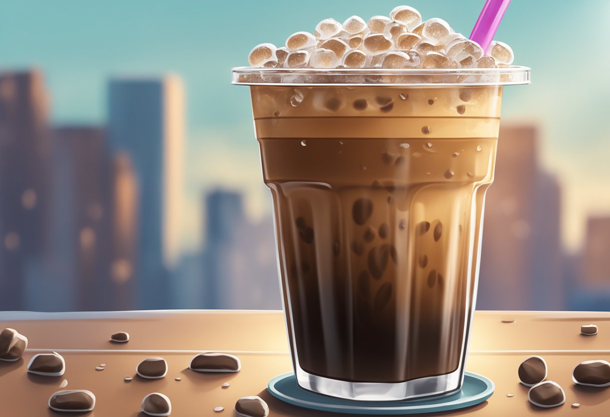 A medium Dunkin iced coffee sits on a table, condensation forming on the outside of the cup. The coffee is filled to the brim, with ice cubes floating on top