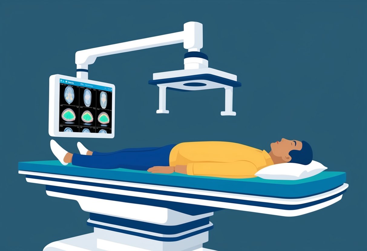 A patient lying on a diagnostic imaging table, with a machine overhead capturing images for the diagnosis of foraminal stenosis