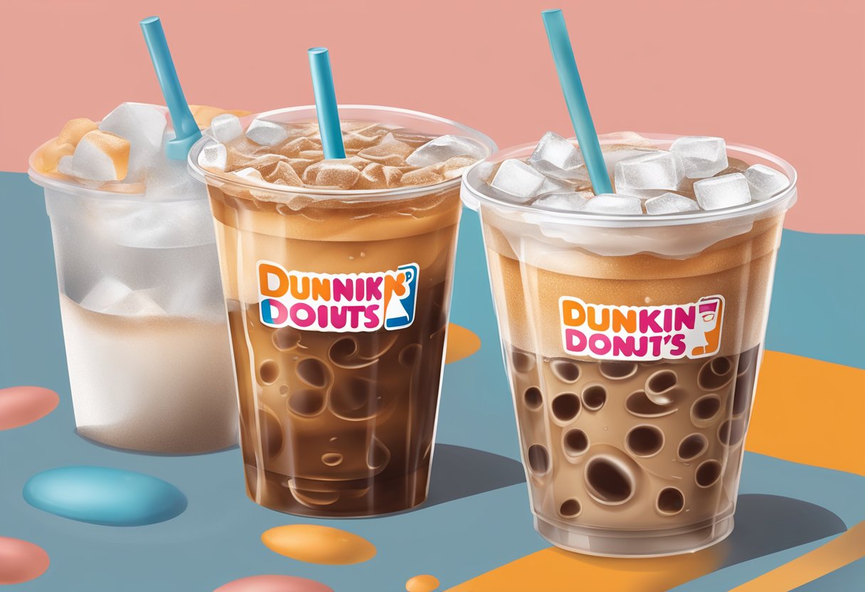 A clear plastic cup filled with iced coffee, condensation forming on the outside. The cup is medium-sized and has the Dunkin' Donuts logo on it