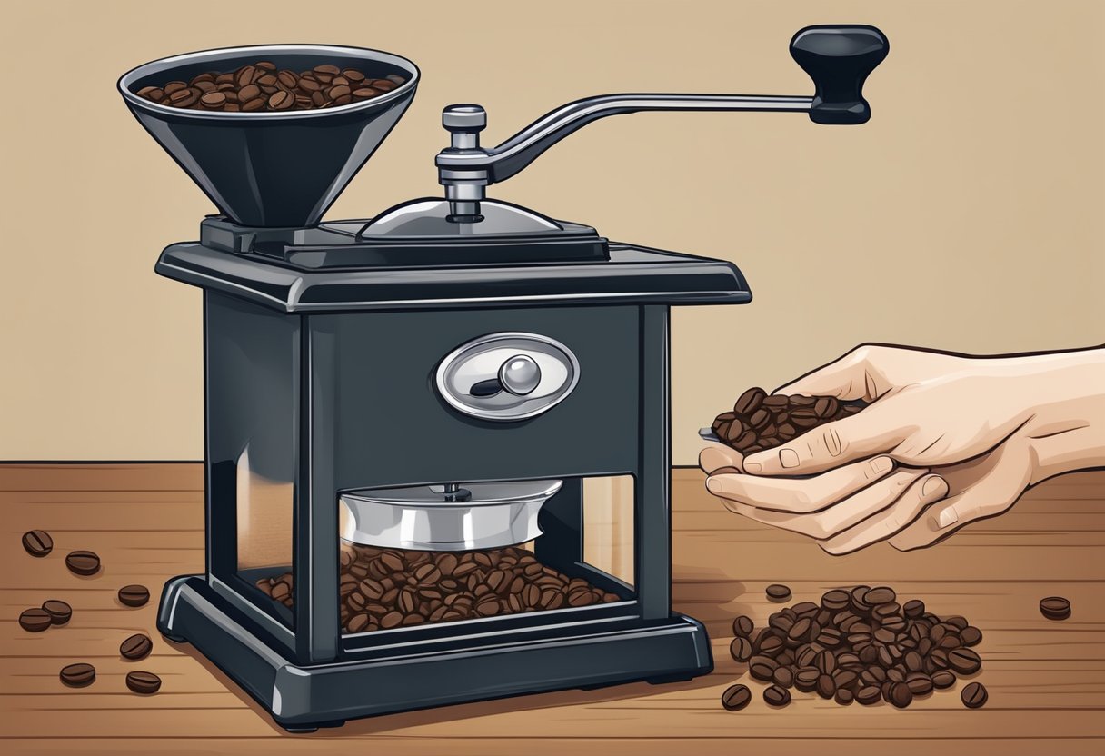 A coffee grinder with a hopper filled with freshly roasted, non-oily coffee beans. A person is using a scoop to transfer the beans into the grinder