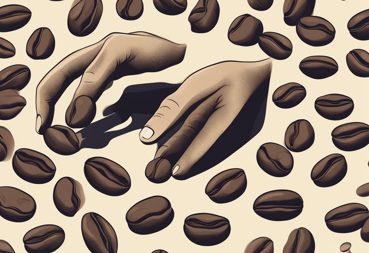 A hand reaching for dry, matte coffee beans while avoiding shiny, oily ones