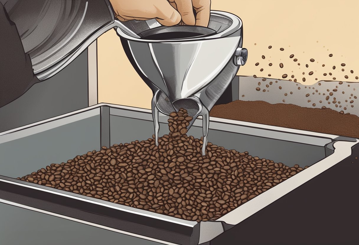 A hand pouring freshly ground coffee beans into a non-oily filter, with a clear, steady stream of water flowing through the grounds