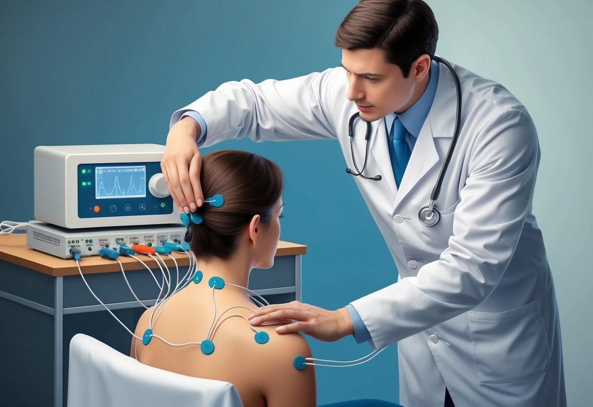 A doctor positions electrodes on a patient's neck and back, connecting them to a machine for an EMG test