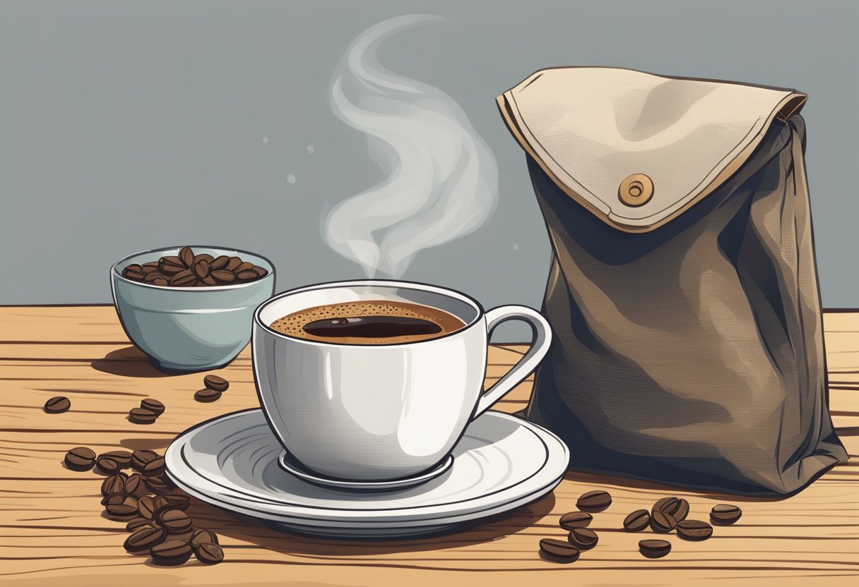 A steaming cup of Vietnamese coffee sits on a rustic wooden table, surrounded by a traditional phin filter and a bag of robusta coffee beans