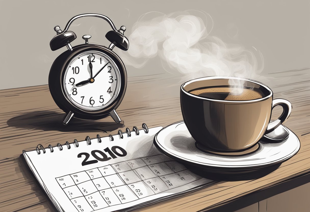 A steaming cup of coffee sits on a table next to a calendar showing the current date and a clock indicating a few hours have passed