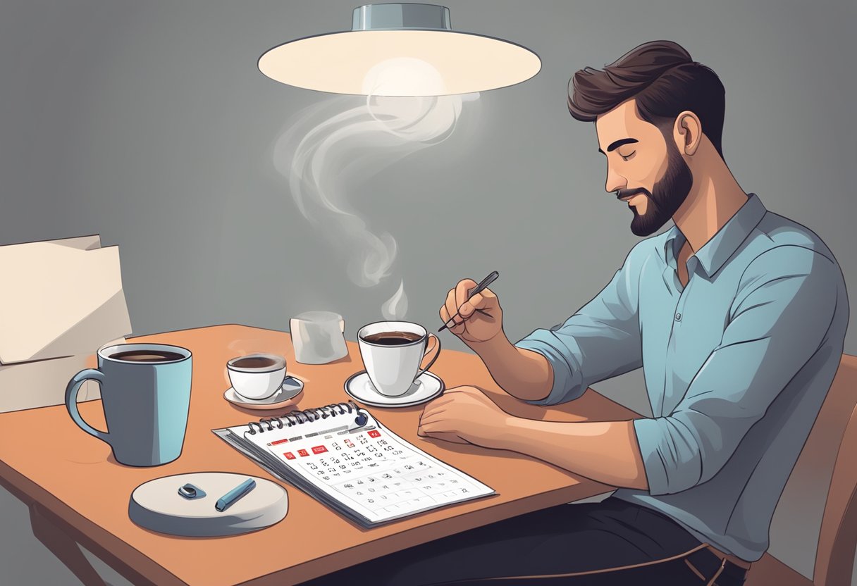 A person sitting at a table with a cup of coffee, looking at a clock and a calendar with a red circle around the date of their tooth extraction